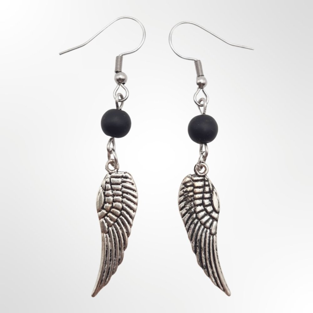 Black Beaded Dangle Drop Silver Wing Minimalist Earrings Handmade Jewelry - Picture 2 of 6